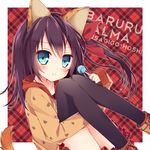  animal_ears artist_name balulu_alma blue_eyes bow brown_hair candy casual cat_ears cat_tail character_name emil_chronicle_online food hair_bow hair_ribbon highres holding holding_lollipop hoshi_(snacherubi) leg_hug lollipop long_hair looking_at_viewer ribbon side_ponytail sleeves_past_wrists smile solo tail 