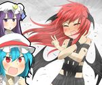  :&lt; :d alternate_costume bare_shoulders bat_wings blue_hair blush clenched_hands crescent crossed_arms demon_girl demon_wings double_v embarrassed fang hat head_wings hot_limit koakuma low_wings mob_cap multiple_girls nobamo_pieruda open_mouth patchouli_knowledge purple_eyes purple_hair red_eyes red_hair remilia_scarlet revealing_clothes screaming smile t.m.revolution tears tornado touhou triangle_mouth v v-shaped_eyebrows wings x 