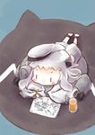  admiral_(kantai_collection) admiral_(kantai_collection)_(cosplay) alternate_costume chibi child_drawing cosplay drawing hat hinata_yuu horns kantai_collection long_hair lying mittens northern_ocean_hime on_stomach pale_skin peaked_cap red_eyes shinkaisei-kan silver_hair solo 