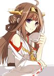  aosaki_yukina bad_id bad_twitter_id brown_hair cup eyebrows_visible_through_hair hairband headgear holding holding_cup japanese_clothes kantai_collection kongou_(kantai_collection) long_hair looking_at_viewer nontraditional_miko parted_lips purple_eyes remodel_(kantai_collection) ribbon-trimmed_sleeves ribbon_trim smile solo teacup 