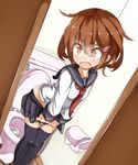  beize_(garbage) blush brown_eyes brown_hair embarrassed fang hair_ornament hairclip highres ikazuchi_(kantai_collection) kantai_collection neckerchief official_style pleated_skirt red_neckwear school_uniform serafuku short_hair skirt skirt_pull solo sweatdrop tears thighhighs toilet toilet_paper toilet_seat 