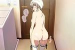  1girl amagi_brilliant_park ass back blush breasts brown_eyes brown_hair cum cum_on_ass cum_on_lower_body looking_back nude open_mouth sento_isuzu shiny shiny_skin solo standing sweat sweatdrop thighhighs thighs towel towel_on_head wet white_legwear white_thighhighs yellow_eyes 