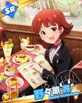  ^_^ beamed_eighth_notes brown_eyes brown_hair card_(medium) character_name closed_eyes food formal idolmaster idolmaster_(classic) idolmaster_million_live! looking_at_viewer multiple_girls musical_note nonohara_akane official_art smile suit takatsuki_yayoi tea twintails 