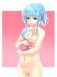 baby blue_hair breast_grab breasts carrying character_request copyright_request eeeeee grabbing hug medium_breasts mother_and_child navel nude open_mouth pink_background purple_eyes short_hair simple_background sleeping 