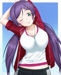  akanerun aqua_eyes bad_id bad_pixiv_id breasts hair_ornament hairclip large_breasts long_hair love_live! love_live!_school_idol_project one_eye_closed purple_hair smile solo toujou_nozomi twintails 