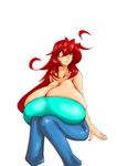 1girl aeon708 ahoge bare_shoulders breasts cleavage female gigantic_breasts highres long_hair open_mouth original pants red_eyes red_hair simple_background sitting solo white_background 