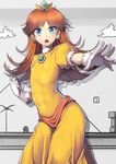  abs blue_eyes brown_hair covered_navel covered_nipples crown dress earrings flat_chest gloves jewelry jpeg_artifacts long_hair looking_at_viewer mario_(series) nagase_haruhito open_mouth princess_daisy skin_tight super_mario_bros. super_mario_land tiara toned white_gloves yellow_dress 