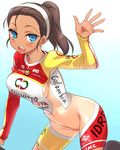  :d bike_jersey blue_background blue_eyes blush breasts brown_hair clothes_writing colombia commentary covered_navel dark_skin eeeeee gradient gradient_background hairband long_hair looking_at_viewer medium_breasts open_mouth original ponytail smile solo taut_clothes waving 