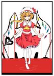  akiposo2580 ascot bad_id bad_pixiv_id blonde_hair flandre_scarlet grin highres holding ideolo_(style) laevatein looking_at_viewer no_shoes orange_eyes slit_pupils smile solo touhou wings 