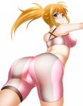  ass bare_shoulders bike_shorts blonde_hair blue_eyes breasts gundam gundam_build_fighters gundam_build_fighters_try highres hoshino_fumina large_breasts long_hair looking_at_viewer megatama ponytail simple_background smile solo sports_bra white_background 