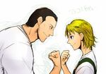  alex_(street_fighter) bad_id bad_pixiv_id blonde_hair blue_eyes facial_hair fist_bump frogcage multiple_boys overalls shirt short_hair smile street_fighter street_fighter_iii_(series) stubble t-shirt tom_(street_fighter) younger 