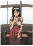  black_hair blue_eyes blush breasts chair classroom covered_nipples curtains dagashi_(place) desk flying_sweatdrops hairband hand_on_own_chest indoors kamimura_haruka large_breasts long_hair looking_at_viewer panties panties_under_pantyhose pantyhose school_desk sisters_~natsu_no_saigo_no_hi~ skirt skirt_tug solo thigh_gap underwear waitress window 