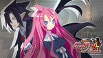  1girl 2013 artina_(disgaea) black_hair blue_eyes cape company_name copyright_name cravat disgaea harada_takehito highres long_hair makai_senki_disgaea_4 official_art pink_hair pointy_ears ponytail red_eyes smile valvatorez_(disgaea) wallpaper 