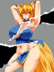  alternate_costume animal_ears armpits arms_behind_head arms_up blonde_hair blue_dress breasts china_dress chinese_clothes cleavage dress fox_ears fox_tail grey_background highres large_breasts looking_at_viewer midriff multiple_tails navel parmiria solo tail torn touhou yakumo_ran yellow_eyes 