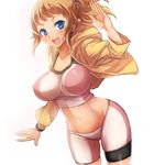  absurdres bike_shorts blue_eyes blush breasts brown_hair gundam gundam_build_fighters gundam_build_fighters_try highres hoshino_fumina jacket large_breasts looking_at_viewer md5_mismatch midriff navel open_mouth oshiruko_(tsume) ponytail short_hair smile solo sports_bra 