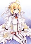  ahoge bad_id bad_pixiv_id biya blonde_hair bodysuit breasts chain fate/extra fate/extra_ccc fate_(series) flower gloves green_eyes large_breasts lock nero_claudius_(bride)_(fate) nero_claudius_(fate)_(all) padlock solo veil 