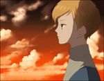  1boy artra_ttt bangs child cloud cloudy_sky from_side jacket jomy_marquis_shin male male_focus outdoors profile red_sky sky solo toward_the_terra 