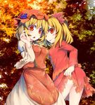  aki_minoriko aki_shizuha ass autumn autumn_leaves blonde_hair breasts dress food food_on_head from_behind fruit grapes hat killing leaf leaf_on_head long_sleeves maple_leaf medium_breasts mob_cap multiple_girls object_on_head open_mouth red_eyes shirt short_hair siblings sisters skirt skirt_lift tongue tongue_out touhou 