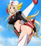  ass black_gloves blonde_hair breasts cloud day fingerless_gloves gloves green_eyes grenda-san haruyama_kazunori helmet large_breasts long_hair looking_at_viewer navel robot_girls_z sky smile solo very_long_hair 