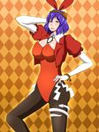  adapted_costume animal_ears breasts bunny_ears cleavage hair_ornament hand_behind_head highres lactone large_breasts leotard looking_at_viewer pantyhose purple_hair quality red_eyes rope shimenawa short_hair smile snake solo touhou yasaka_kanako 