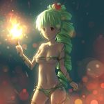  :o bangs blurry bokeh breasts brown_eyes collarbone cowboy_shot depth_of_field drill_hair dryad_(terraria) fire flame green_hair groin hair_ornament heart heart_hair_ornament long_hair looking_at_viewer medium_breasts navel open_mouth optical_core plant plant_girl solo standing terraria torch vines 
