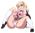  aqua_eyes bag blonde_hair blush breasts covered_nipples crest handbag large_breasts long_hair loose_necktie necktie original panties red-p school_uniform scrunchie shiny shiny_skin sitting skirt skirt_lift sleeves_rolled_up smile socks solo spread_legs thick_thighs thighs twintails underwear white_panties 