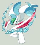  bad_id bad_pixiv_id cape gallade gen_4_pokemon glint grey_background highres horns mega_gallade no_humans pokemon pokemon_(creature) red_eyes simple_background smoke solo spikes squatting weapon yuta_agc 