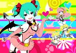  3girls aqua_hair bad_id bad_pixiv_id balloon bat blonde_hair demon_girl elbow_gloves fingerless_gloves gloves hair_ornament hair_ribbon hairclip hashima hatsune_miku headphones headset heart_hunter_(module) kagamine_len kagamine_rin megurine_luka midriff multiple_girls navel pink_hair project_diva project_diva_(series) ribbon short_hair skirt smile tail thighhighs twintails vocaloid wings zettai_ryouiki 