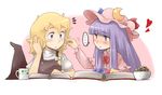  /\/\/\ 2girls :&lt; bangs blonde_hair blue_eyes blunt_bangs blush book bow braid cookie crescent cup daitai_konna_kanji face feeding food hair_bow hat hat_removed headwear_removed heart kirisame_marisa long_hair messy_hair mug multiple_girls no_hat no_headwear patchouli_knowledge purple_eyes purple_hair short_hair side_braid touhou witch_hat yuri 