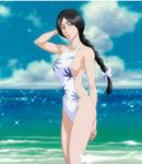  black_hair bleach braid breasts cloud day large_breasts ocean one-piece_swimsuit outdoors screencap sideboob single_braid sky solo stitched swimsuit third-party_edit unohana_retsu 