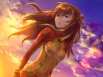 blue_eyes bodysuit cloud evangelion:_2.0_you_can_(not)_advance isumimax lips long_hair multicolored multicolored_bodysuit multicolored_clothes neon_genesis_evangelion orange_bodysuit orange_hair plugsuit rebuild_of_evangelion red_bodysuit shikinami_asuka_langley sky solo souryuu_asuka_langley sunset test_plugsuit wind 