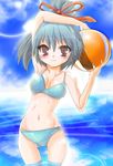  ball beachball bikini blue_hair brown_eyes day fujitama_koto long_hair original ponytail solo swimsuit 