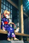 animal animal_ears architecture blonde_hair cat cat_ears east_asian_architecture fan floral_print gimei hair_ornament house japanese_clothes long_hair obi original paper_fan ponytail red_eyes sandals sash sitting solo uchiwa wind_chime 