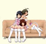  &gt;_&lt; 2girls ahoge akizuki_ryou antenna_hair bad_id bad_pixiv_id closed_eyes couch cute_&amp;_girly_(idolmaster) hidaka_ai idolmaster idolmaster_dearly_stars kabosuke mizutani_eri multiple_girls otoko_no_ko panties pantyshot sleeping underwear 