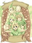  3girls blonde_hair blue_eyes brown_hair character_request fado_(ocarina_of_time) green_eyes green_hair hairband hat kokiri link lowres mido multiple_boys multiple_girls pointy_ears saria smile the_legend_of_zelda the_legend_of_zelda:_ocarina_of_time young_link 