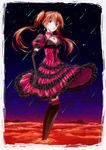  alternate_hairstyle blue_eyes cross dress earrings elbow_gloves gloves jewelry kaeru_(kaerism) lcl long_hair neon_genesis_evangelion night red_dress red_hair solo souryuu_asuka_langley star twintails 