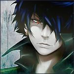  blue_hair earrings hair_over_one_eye jewelry lowres male_focus red_eyes solo 
