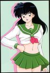  black_hair highres higurashi_kagome inuyasha legs long_hair midriff miniskirt navel school_uniform skirt smile solo 