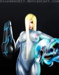  arm_cannon banned_artist blonde_hair bluedemon13 bodysuit gun long_hair metroid metroid_(creature) samus_aran self_upload shiny shiny_clothes skin_tight solo weapon zero_suit 