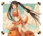  arancia bad_id bad_pixiv_id bare_shoulders black_hair cloud food fruit isakawa_megumi long_hair midriff miniskirt navel orange orange_eyes orange_skirt original skirt solo twintails 