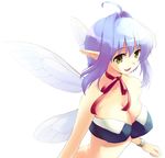  blue_hair bow breasts cleavage fairy kajo large_breasts original pointy_ears ribbon smile solo wings yellow_eyes 