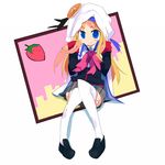  ana_coppola blonde_hair blue_eyes bow cosplay food fruit hat ichigo_mashimaro kanikama little_busters! long_hair noumi_kudryavka noumi_kudryavka_(cosplay) pink_bow solo strawberry thighhighs 