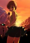  ass bike_shorts brown_eyes brown_hair cloud food from_behind kebab lamppost leaning_forward looking_at_viewer looking_back meat pantylines parted_lips persona persona_4 power_lines satonaka_chie short_hair shorts shorts_under_skirt skirt skirt_lift sky solo sunset sweat tasaka_shinnosuke telephone_pole traffic_light transformer twilight wind wind_lift wristband 