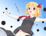  alternate_costume armpits bare_shoulders bespectacled blonde_hair fang glasses hair_ribbon midriff navel necktie ogami_kazuki outstretched_arms red_eyes red_neckwear ribbon rumia short_hair solo spread_arms touhou 