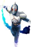  ayumu_(wind_and_sail) bad_id bad_pixiv_id belt bodysuit buckle goggles kamen_rider kamen_rider_blade kamen_rider_blade_(series) leg_up looking_at_viewer male_focus outstretched_arms simple_background smoke solo standing standing_on_one_leg white_background 