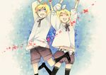  1girl bad_id bad_pixiv_id blonde_hair blue_eyes brother_and_sister hair_ornament hair_ribbon hairclip jumping kagamine_len kagamine_rin kneehighs mig_(36th_underground) ribbon short_hair shorts siblings smile socks thighhighs twins vocaloid 