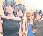  3girls blonde_hair blue_eyes blush breasts casual grin large_breasts long_hair multiple_girls older rozen_maiden shinku short_hair siblings silver_hair smile suigintou tsuda_nanafushi 