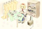  alice_margatroid blonde_hair book cup curtains hairband mug one_eye_closed rl sewing_machine shanghai_doll shelf short_hair sigh sleeping sleepy slippers solo table television touhou 