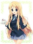  blazer blonde_hair blue_eyes cup eyebrows jacket k-on! kotobuki_tsumugi long_hair open_mouth paco school_uniform solo tea teacup very_long_hair 