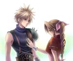  1girl aerith_gainsborough bad_id bad_pixiv_id blonde_hair blue_eyes blush bow braid brown_hair cloud_strife couple cropped_jacket dodon_(reina) drill_hair final_fantasy final_fantasy_vii green_eyes hetero long_hair pink_bow ponytail single_braid sleeveless sleeveless_turtleneck spiked_hair turtleneck 